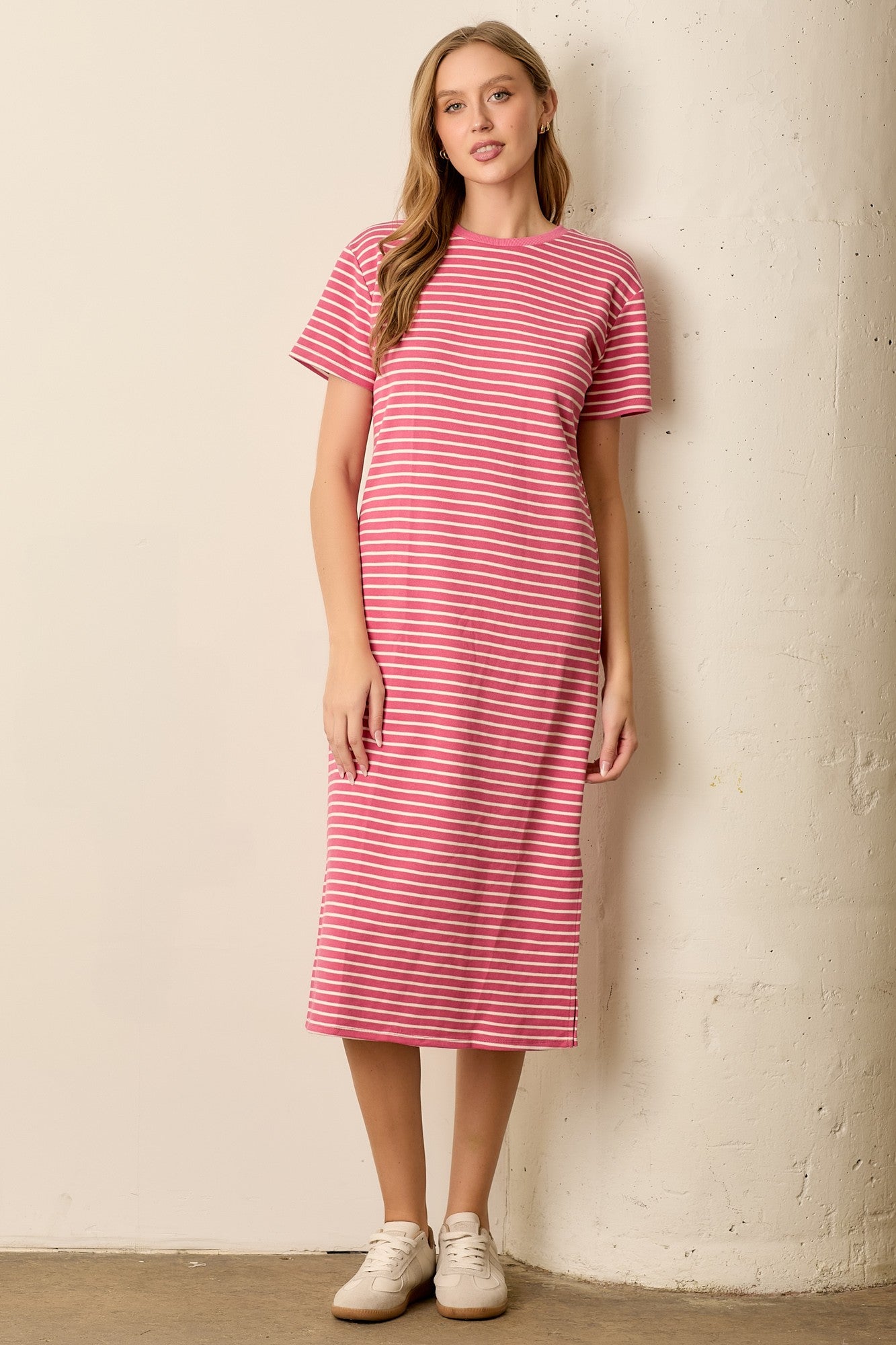 Pink Striped Short Sleeve T-Shirt Midi Dress – PinkBlush