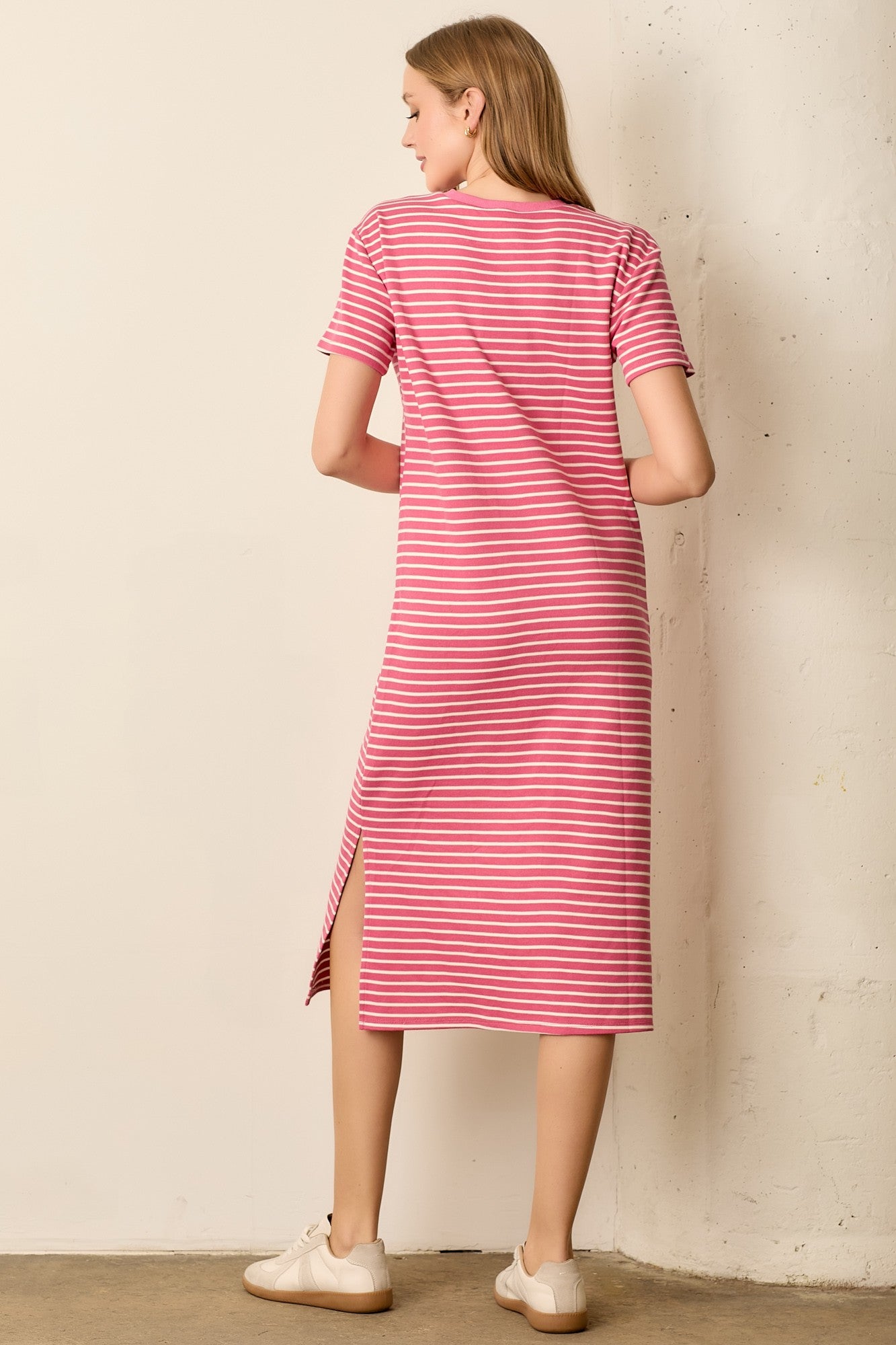 Pink Striped Short Sleeve T-Shirt Midi Dress