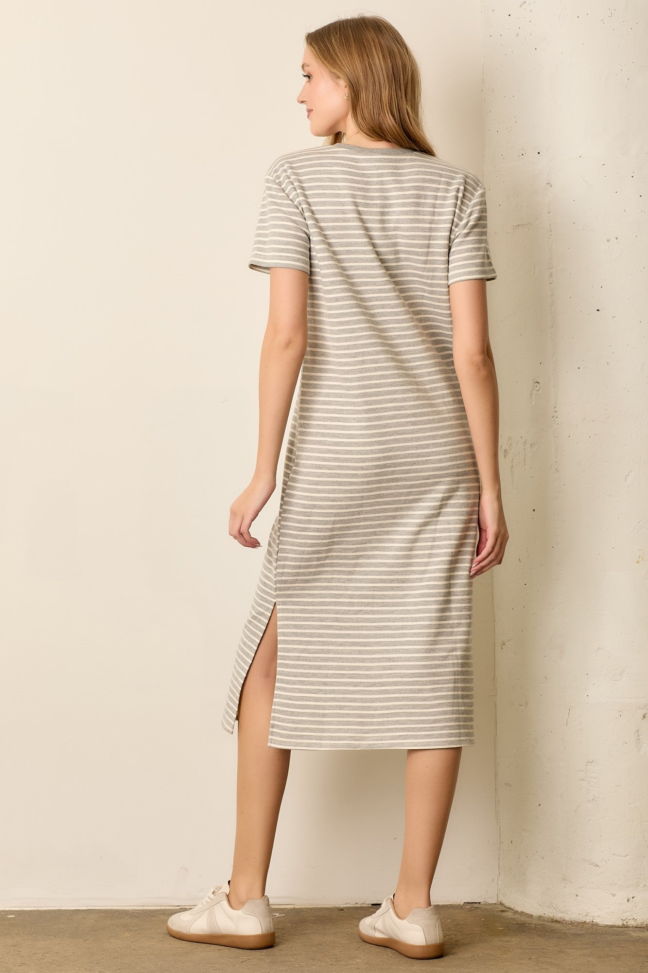 Heather Grey Striped Short Sleeve T-Shirt Midi Dress