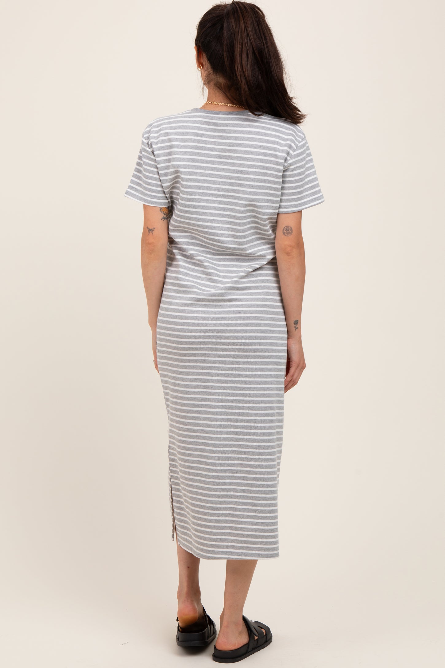 Heather Grey Striped Short Sleeve Maternity T-Shirt Midi Dress