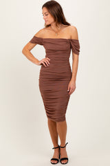 Mocha Mesh Ruched Off Shoulder Fitted Dress