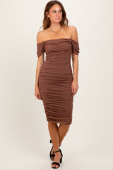 Mocha Mesh Ruched Off Shoulder Fitted Dress