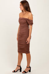 Mocha Mesh Ruched Off Shoulder Fitted Dress