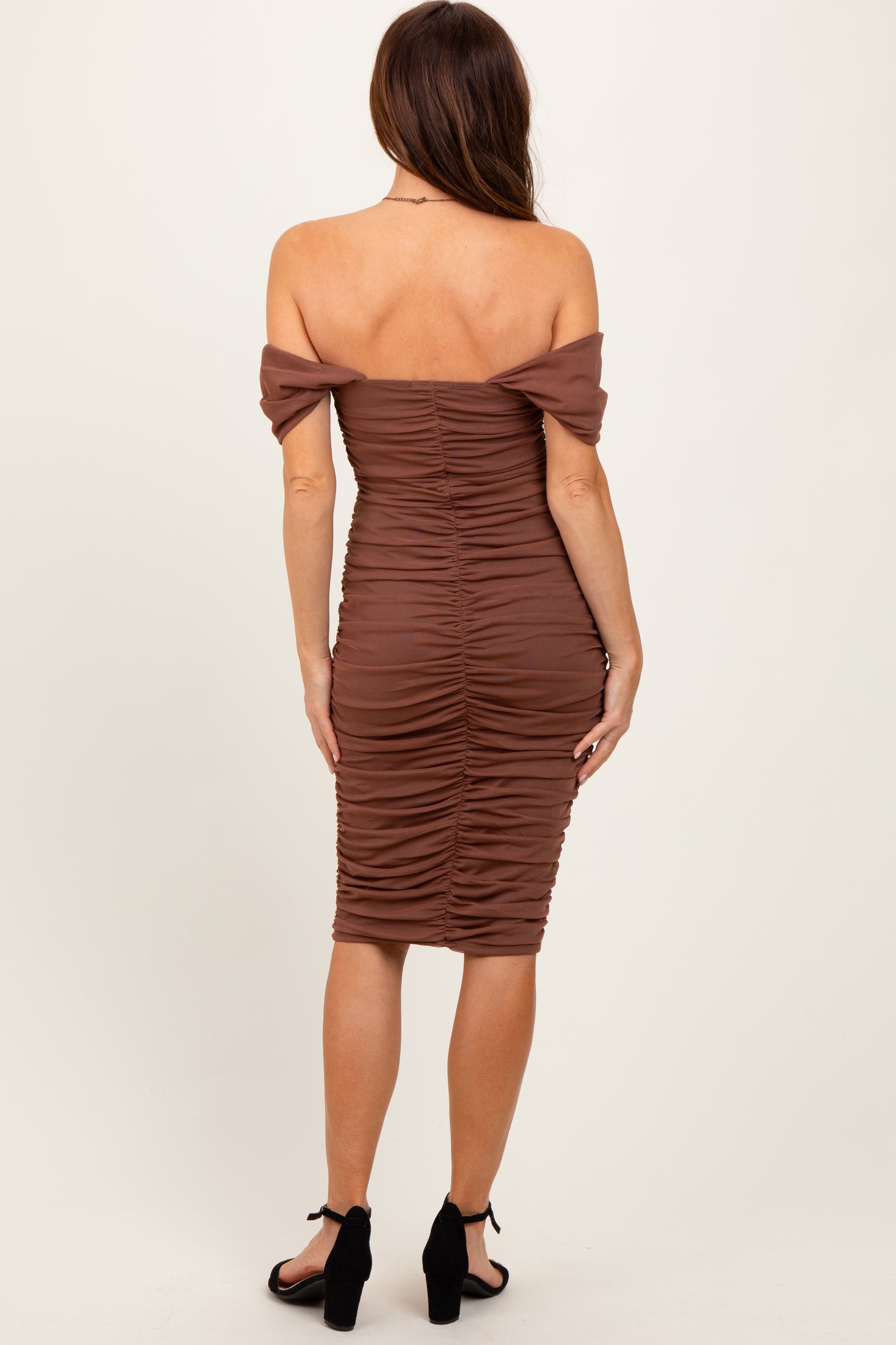 Mocha Mesh Ruched Off Shoulder Fitted Dress