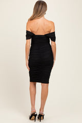 Black Mesh Ruched Off Shoulder Maternity Fitted Dress