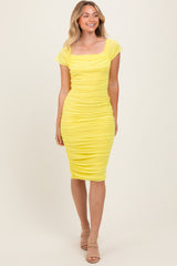 Yellow Mesh Ruched Off Shoulder Fitted Dress