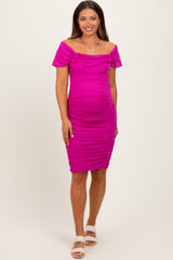 Magenta Mesh Ruched Off Shoulder Maternity Fitted Dress