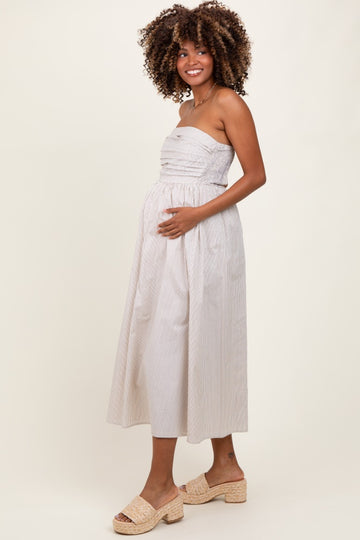 Cream Tube Striped Black Smocking Maternity Maxi Dress