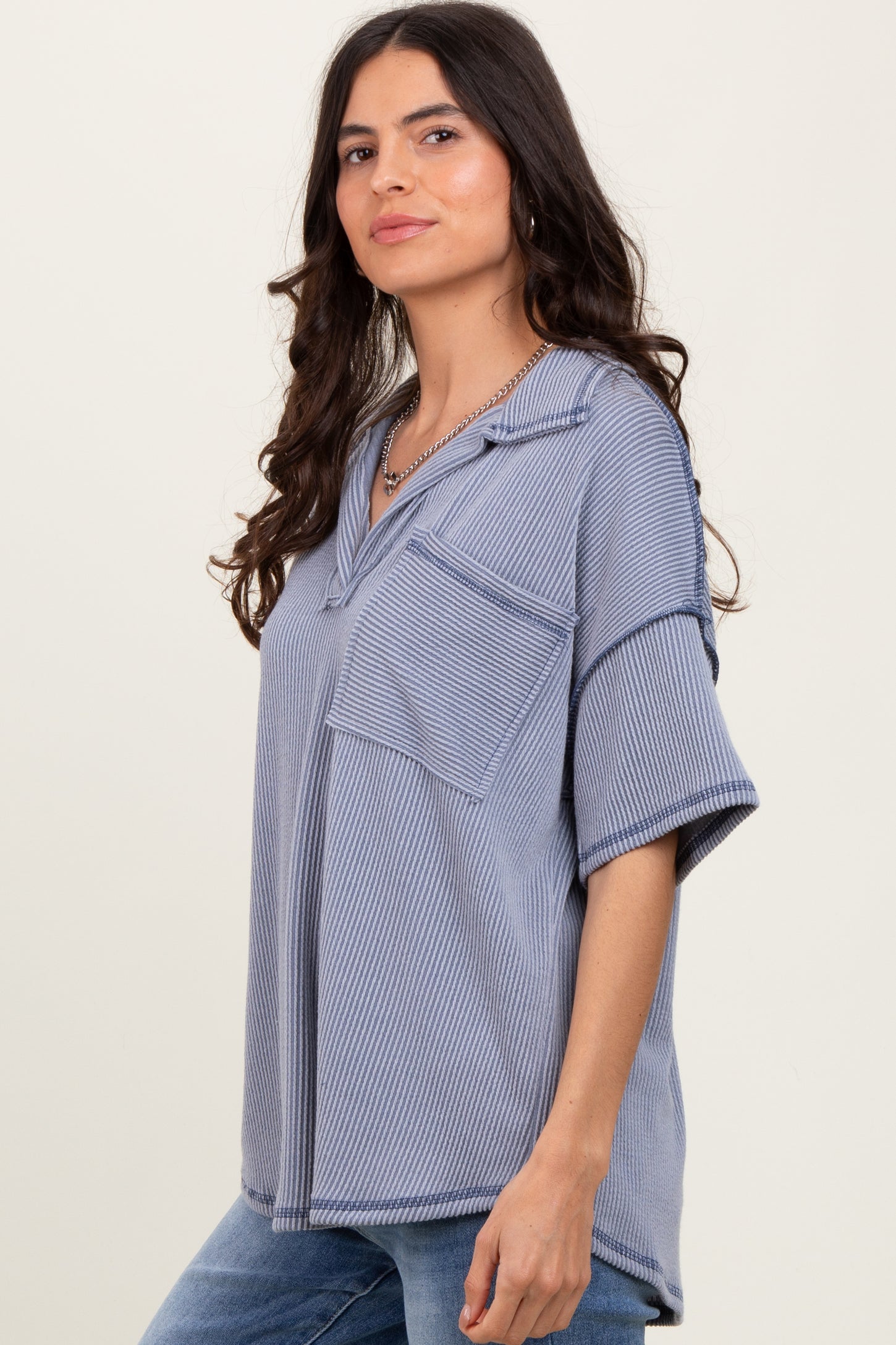 Gray Ribbed Reverse Stitch Tunic Top