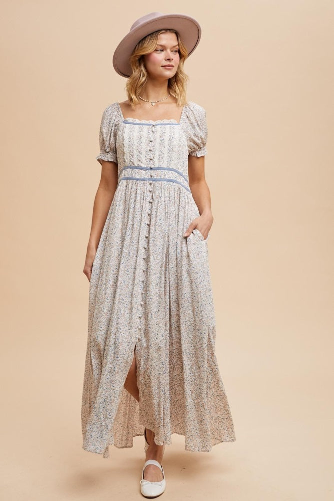 Cream Floral Lace Trim Maxi Dress
