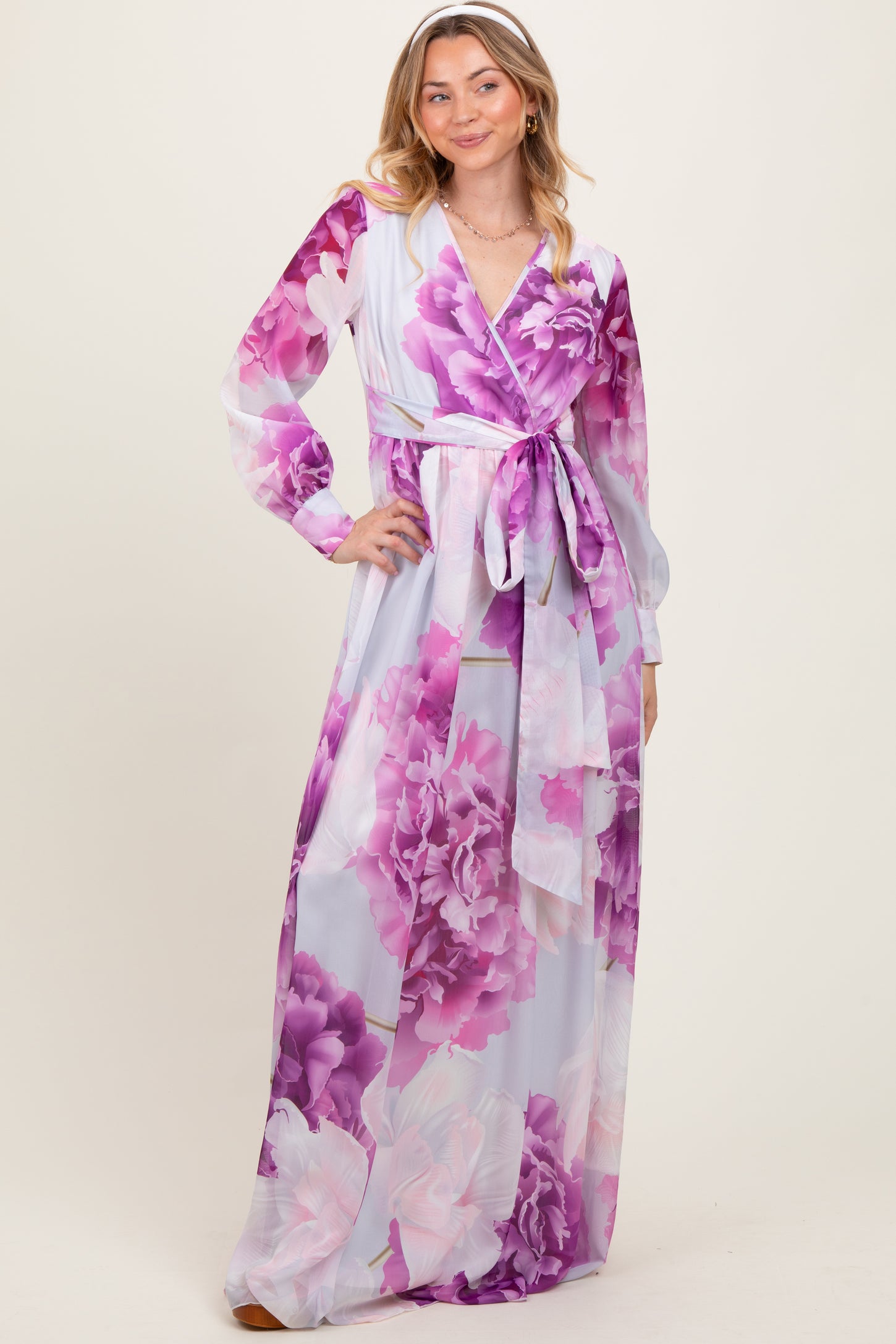 Purple Floral Chiffon Long Sleeve Maxi Dress PinkBlush Purple Floral Chiffon Long Sleeve Maxi Dress PinkBlush