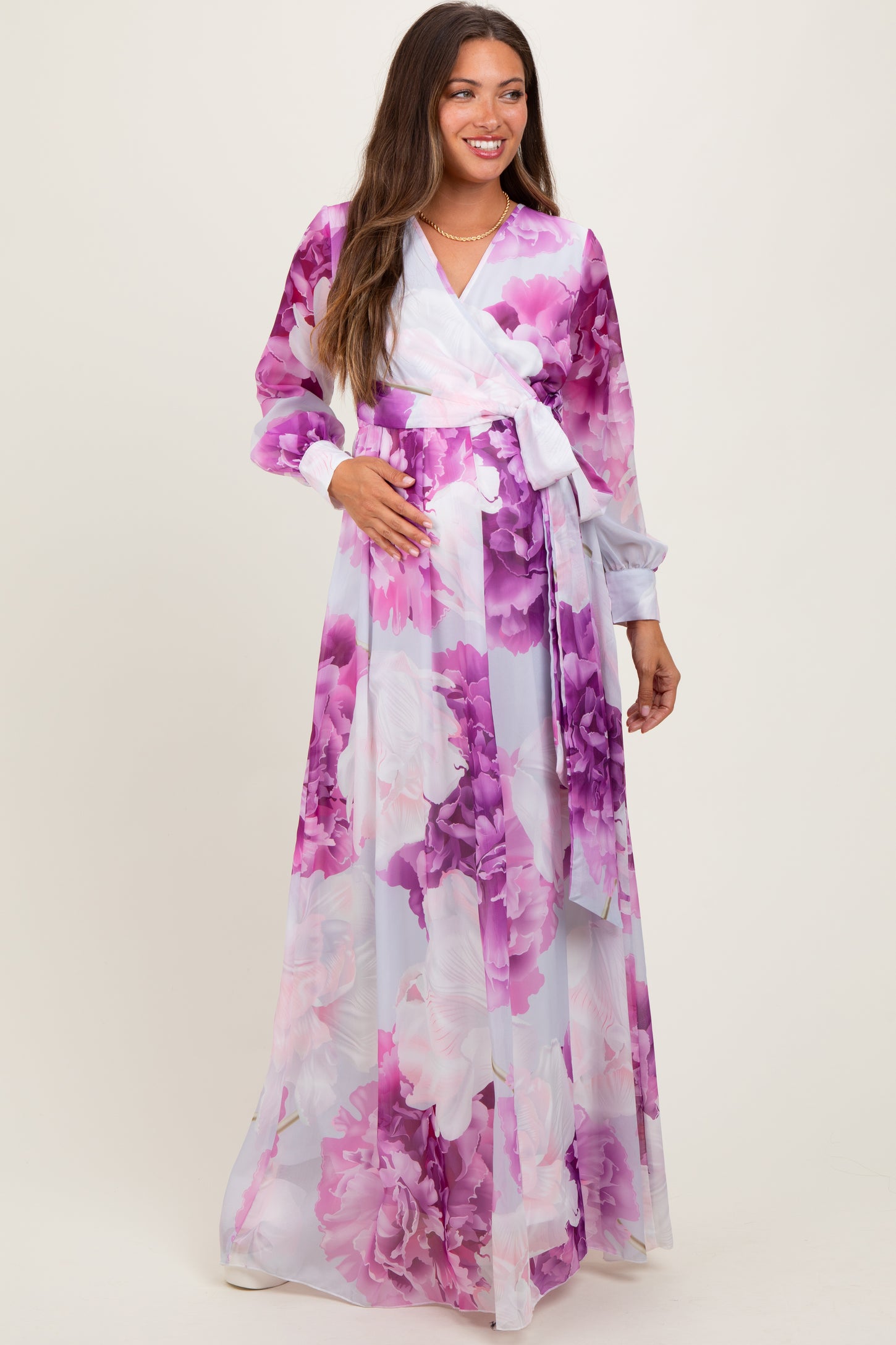 Purple Floral Chiffon Long Sleeve Maternity Maxi Dress