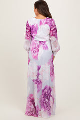 Purple Floral Chiffon Long Sleeve Maternity Maxi Dress