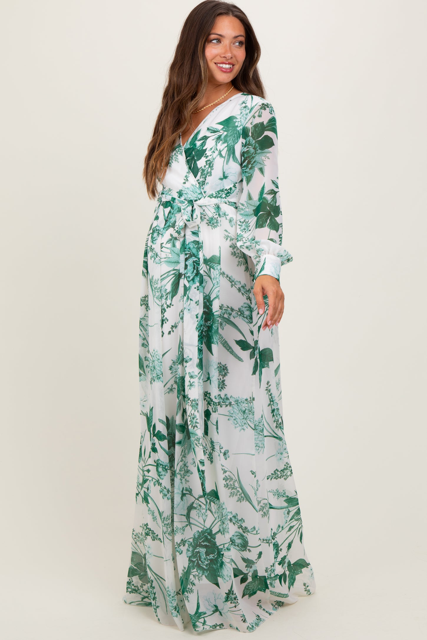 Forest Green Floral Chiffon Long Sleeve Maternity Maxi Dress PinkBlush Forest Green Floral Chiffon Long Sleeve Maternity Maxi Dress PinkBlush