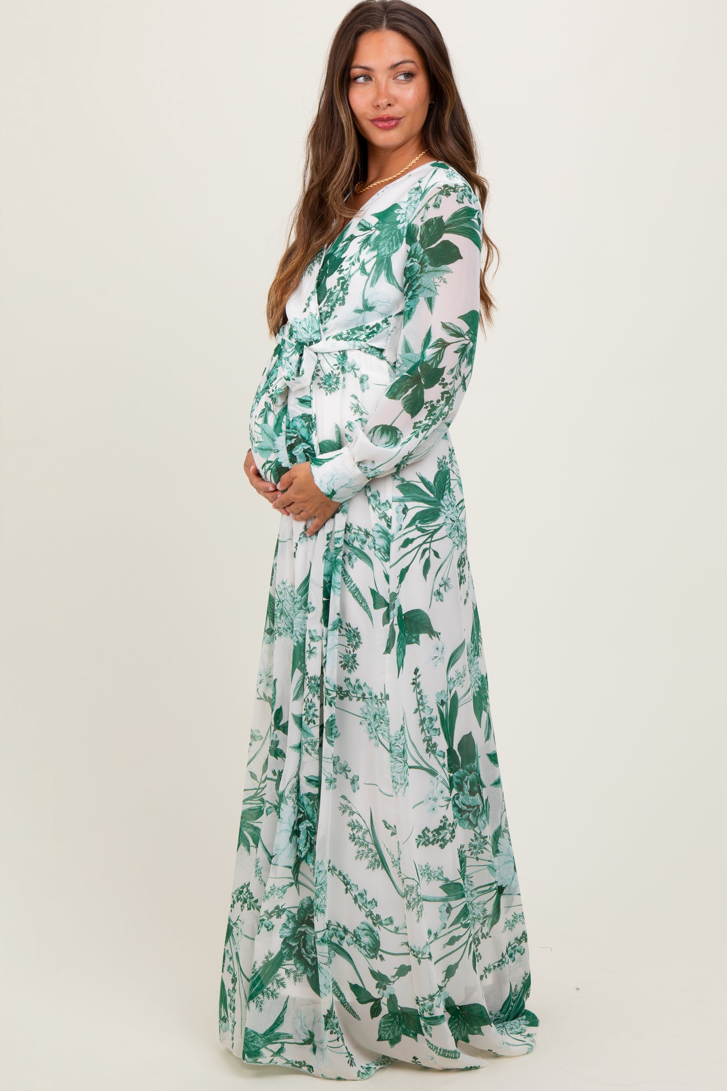 Forest Green Floral Chiffon Long Sleeve Maternity Maxi Dress