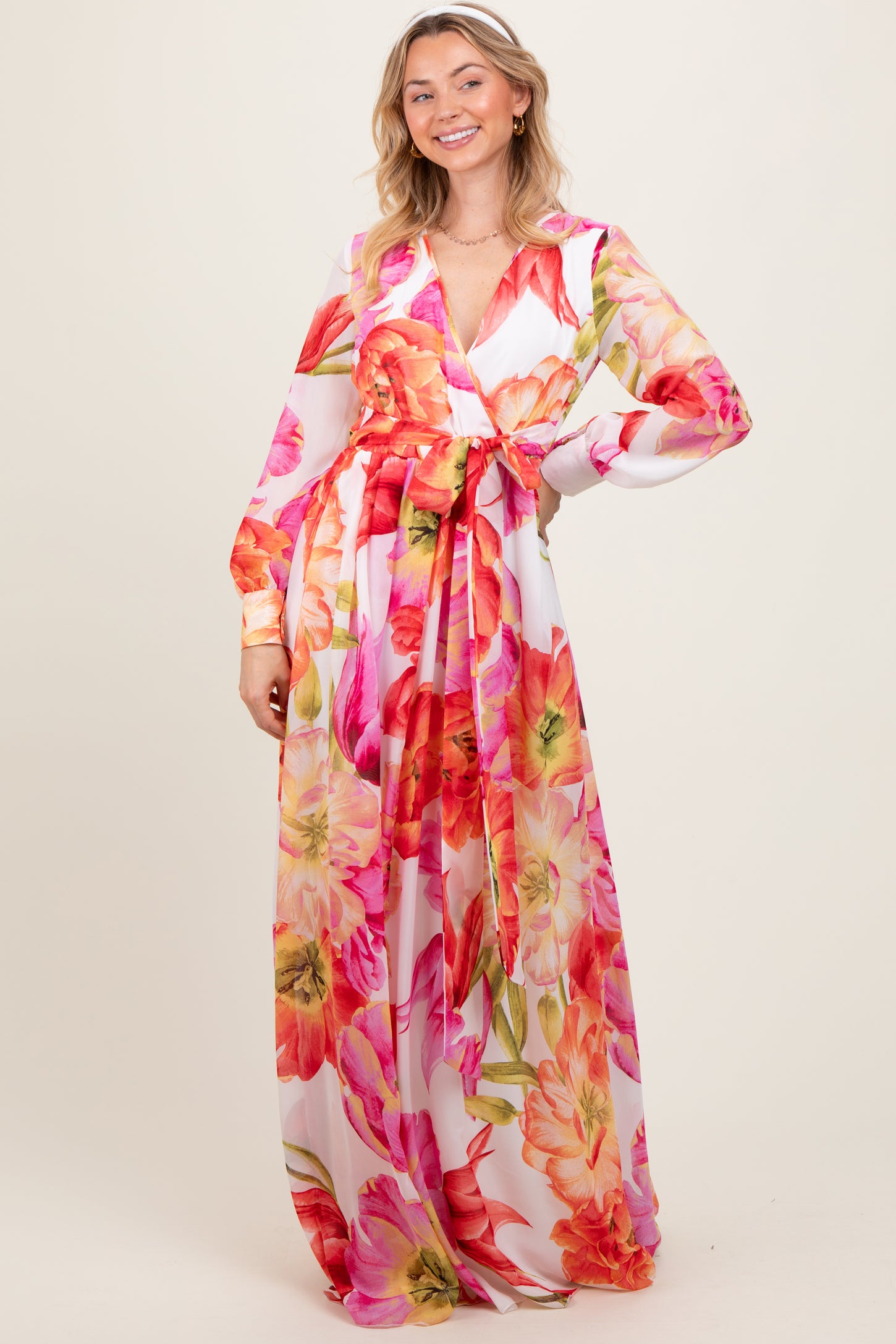 Red Floral Chiffon Long Sleeve Maxi Dress PinkBlush Red Floral Chiffon Long Sleeve Maxi Dress PinkBlush