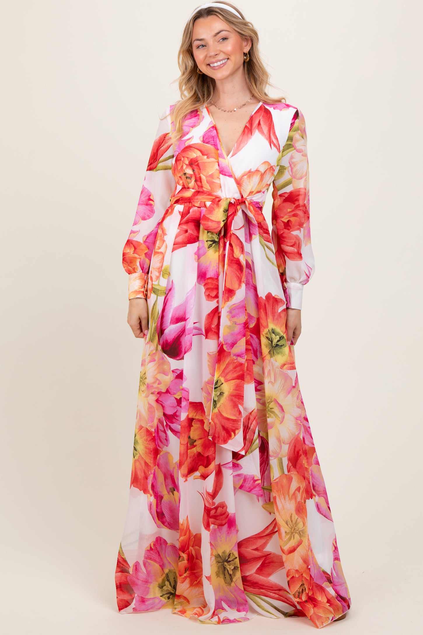 Red Floral Chiffon Long Sleeve Maternity Maxi Dress