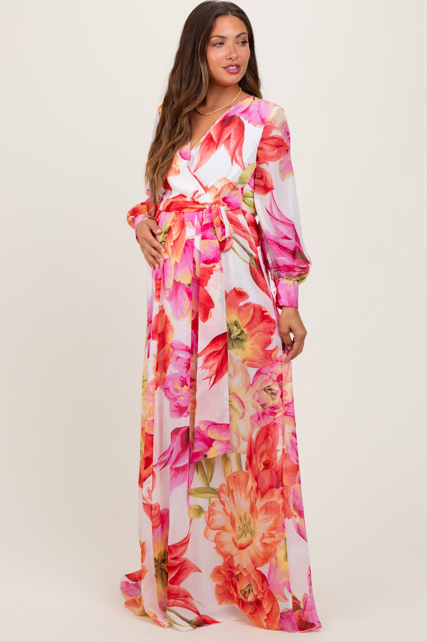 Red Floral Chiffon Long Sleeve Maternity Maxi Dress