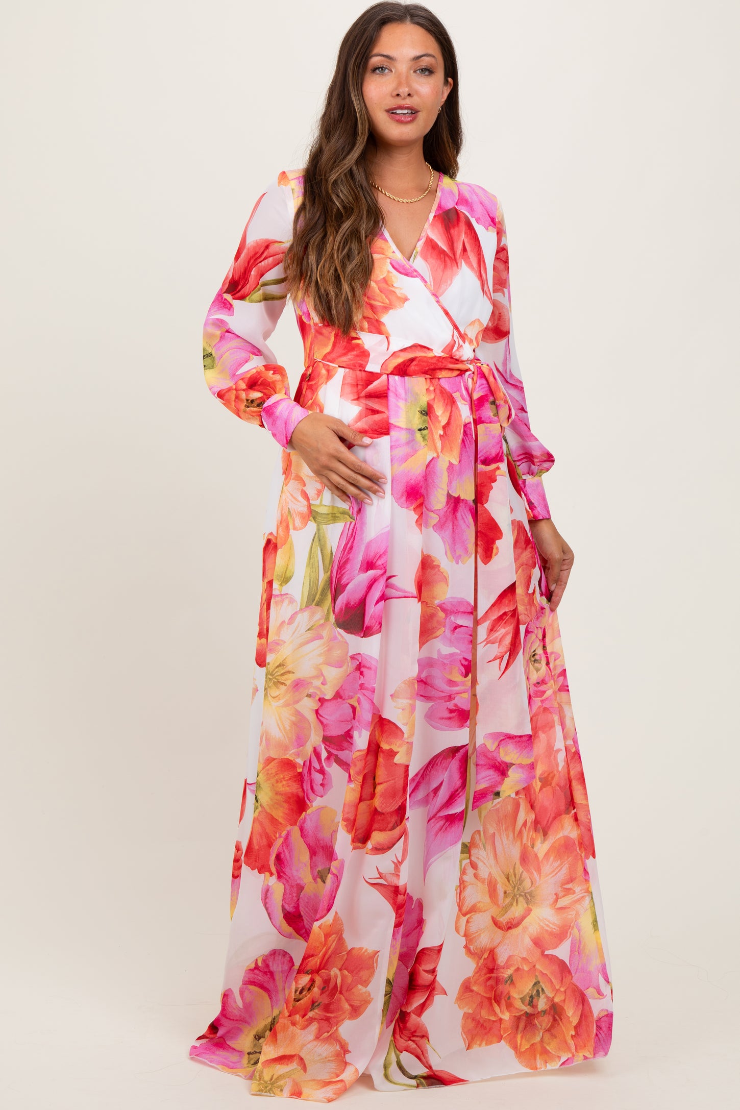 floral chiffon maxi dress long sleeve MissJophiel Long Sleeves V Neck Floral Chiffon Pink Maxi Dress Formal Evening Gown Other / Tea Length / US18W