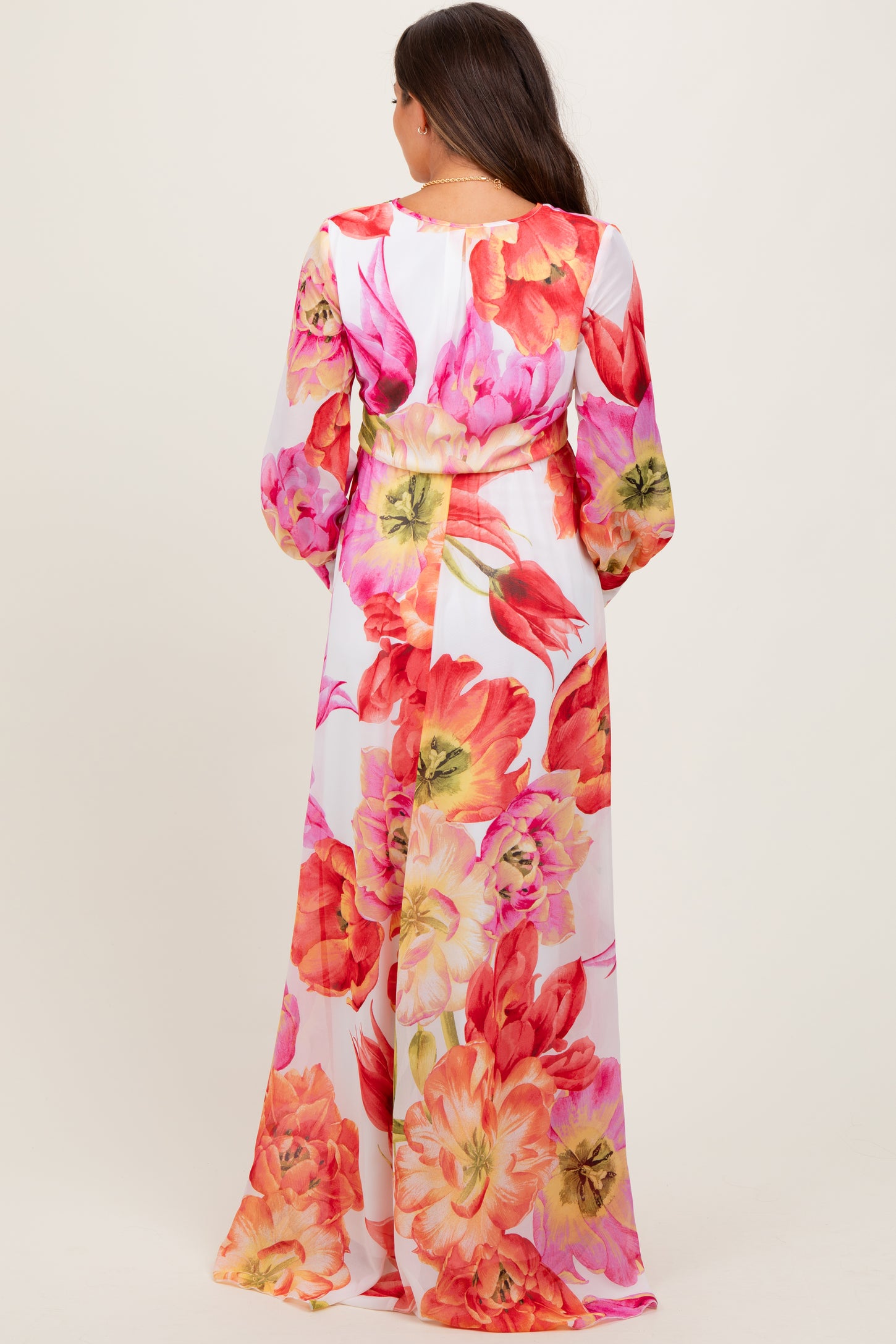 Red Floral Chiffon Long Sleeve Maternity Maxi Dress
