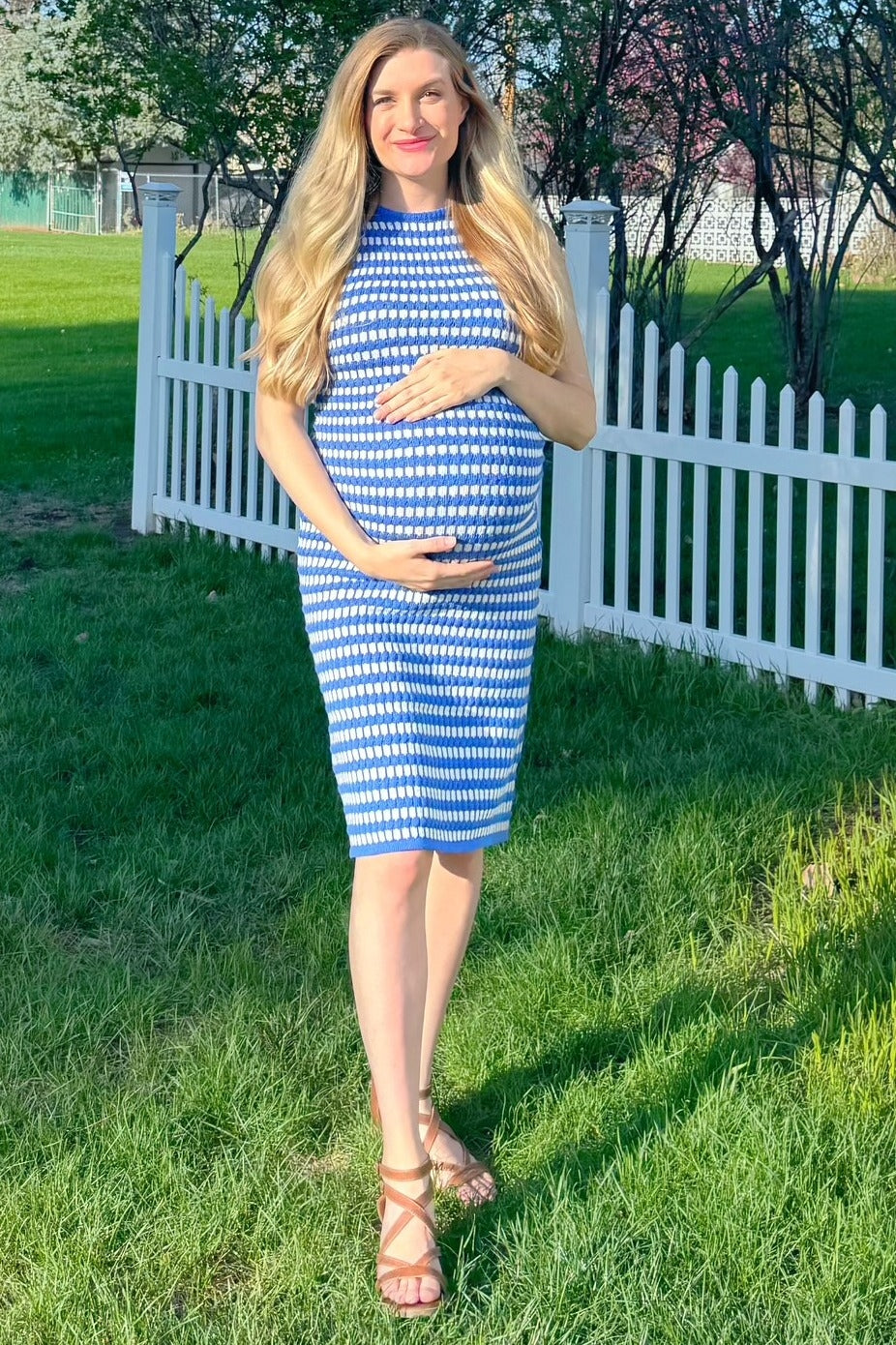 Blue-White Stripe Sleeveless Round Neck Knit Maternity Midi Dress