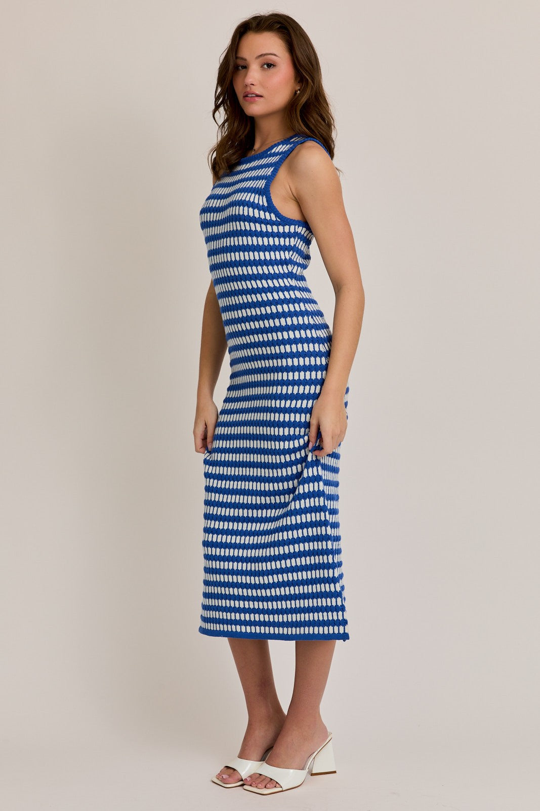 Blue-White Stripe Sleeveless Round Neck Knit Midi Dress