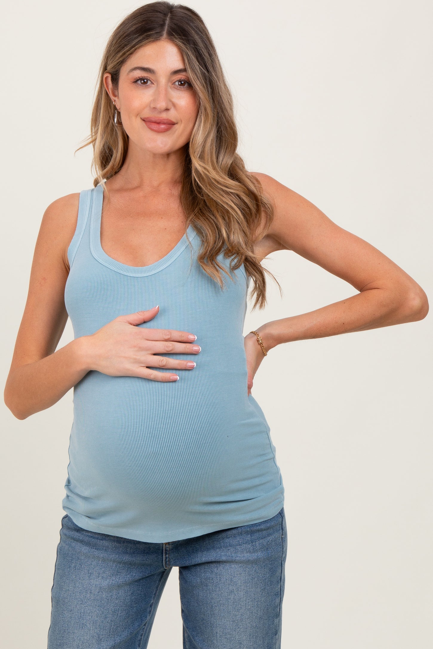 Light Blue Sleeveless Ribbed Maternity Top