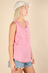 Pink Raw Hem Button Detail Sleeveless Top