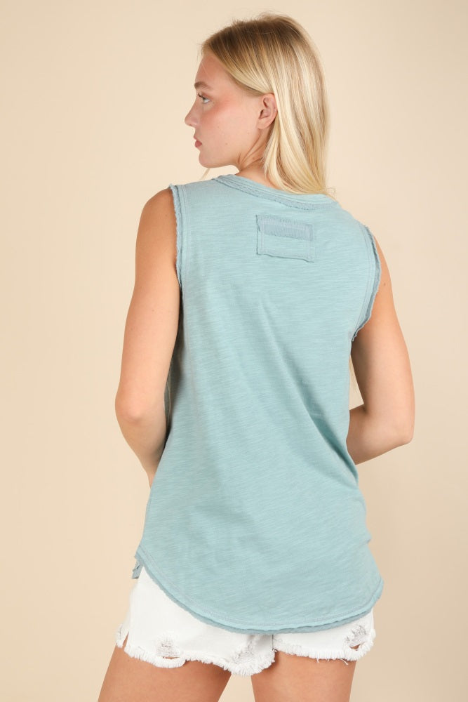 Light Blue Raw Hem Button Detail Sleeveless Top