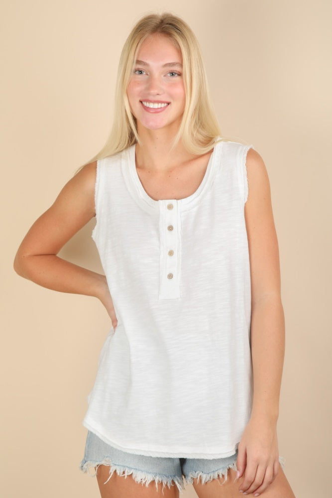 White Raw Hem Button Detail Sleeveless Top
