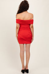 Red Off Shoulder Ruched Mini Dress