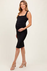 Black Square Neck Ruched Maternity Midi Dress