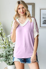 Lavender Floral Lace Inset Short Sleeve Top