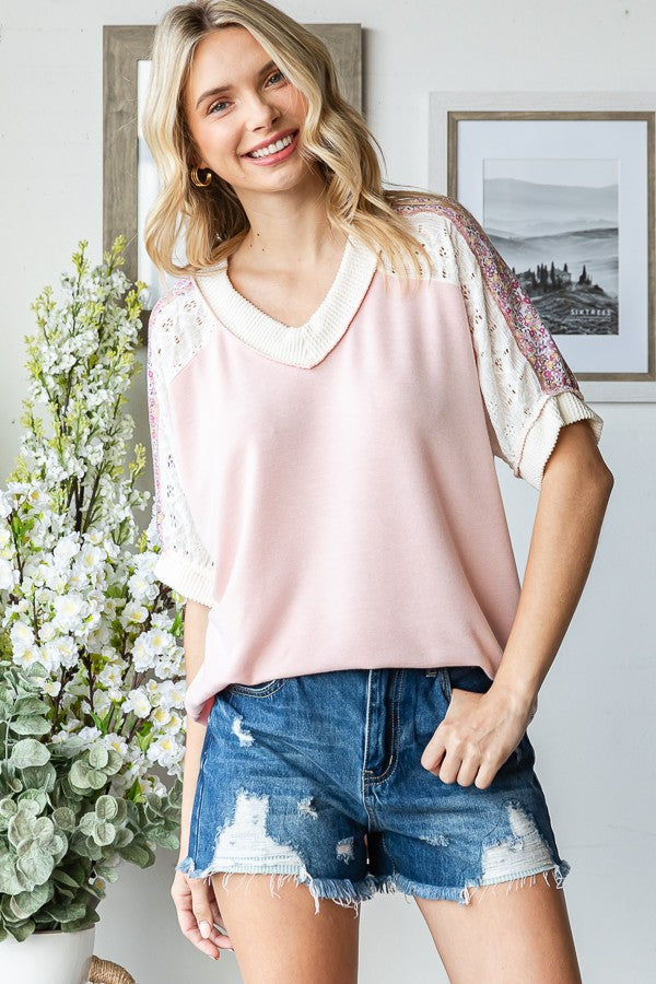 Light Pink Floral Lace Inset Short Sleeve Top