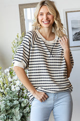 Navy Striped Textured Short Sleeve Top