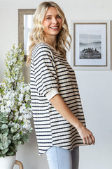 Navy Striped Textured Short Sleeve Top