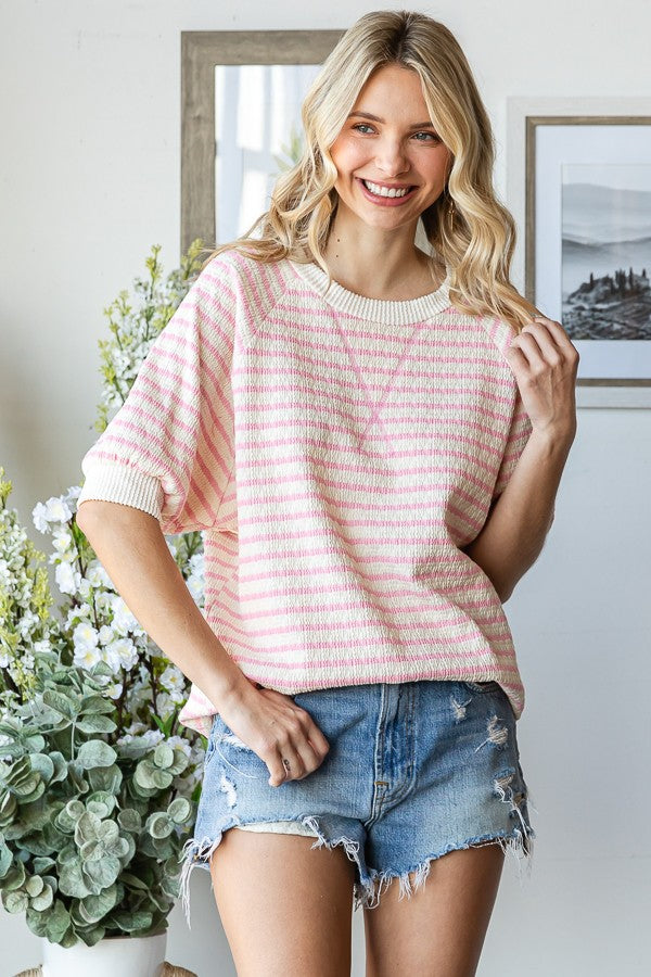 Pink Striped Textured Short Sleeve Maternity Top