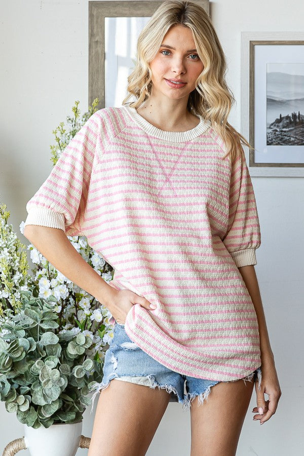 Pink Striped Textured Short Sleeve Top