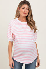 Pink Striped Textured Short Sleeve Maternity Top