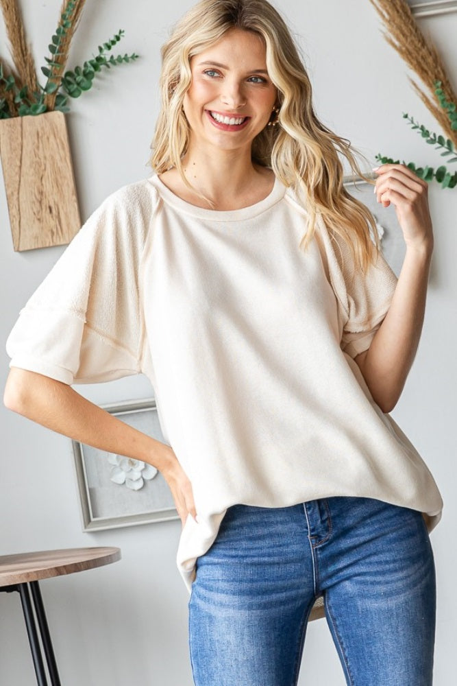 Cream Terry Contrast Short Sleeve Top