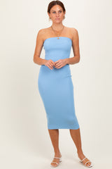 Light Blue Fitted Tube Knit Midi Dress
