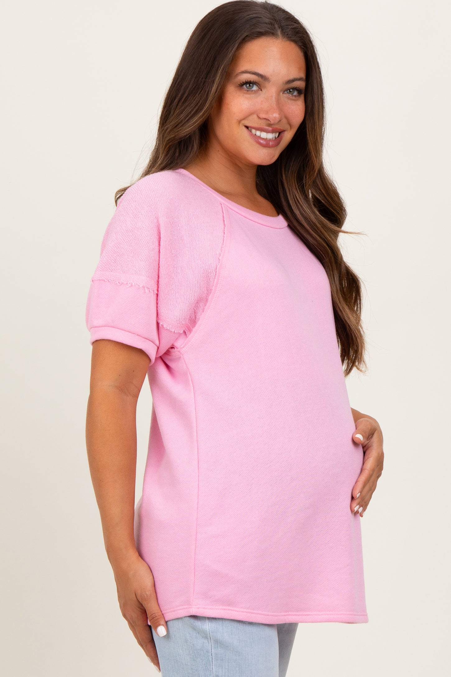 Pink Terry Contrast Maternity Short Sleeve Top
