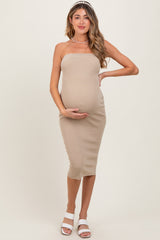 Taupe Fitted Tube Knit Maternity Midi Dress