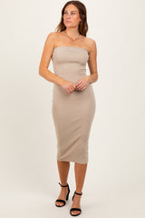 Taupe Fitted Tube Knit Maternity Midi Dress