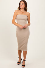 Taupe Fitted Tube Knit Maternity Midi Dress