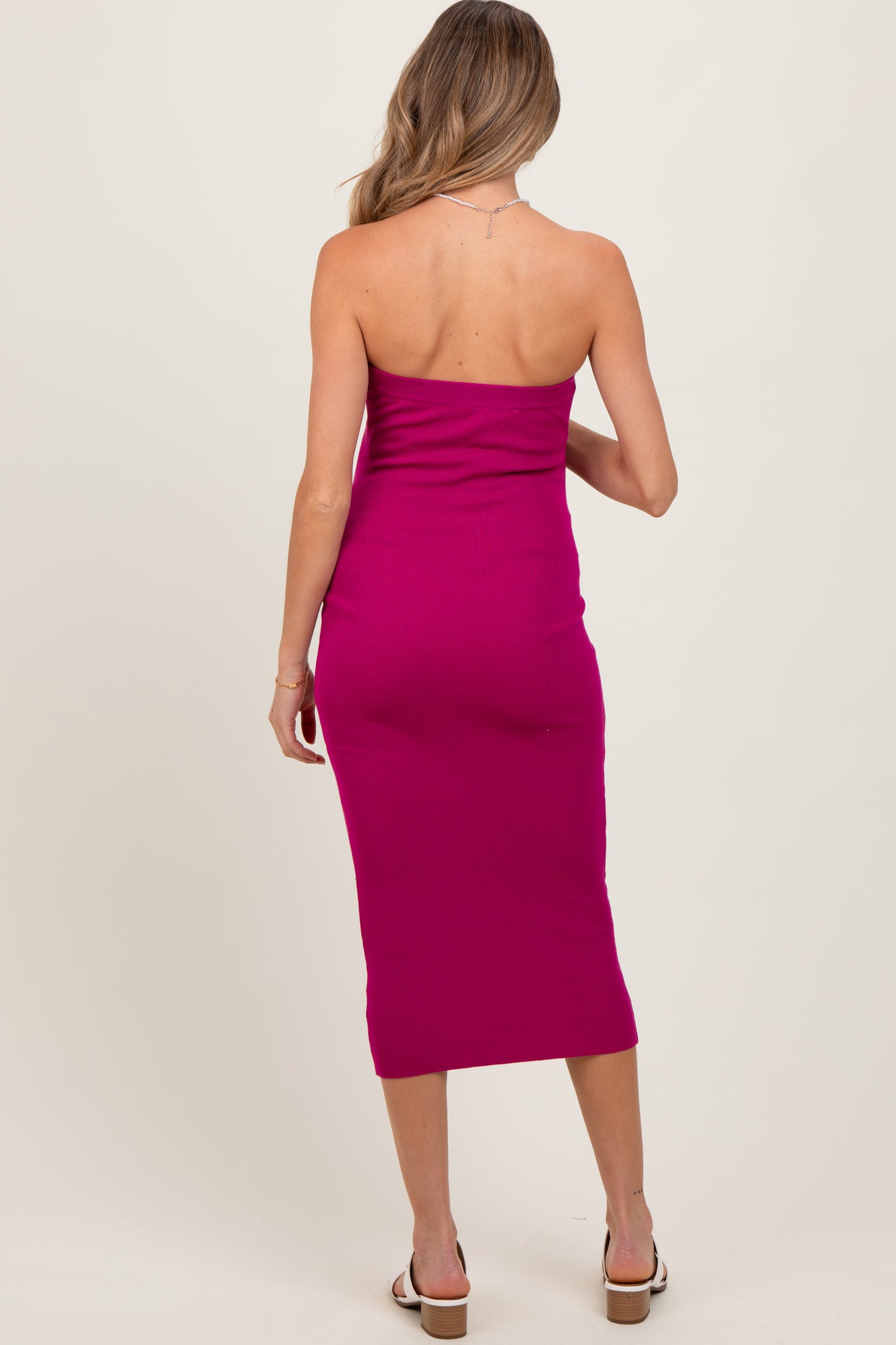 Magenta Fitted Tube Knit Maternity Midi Dress