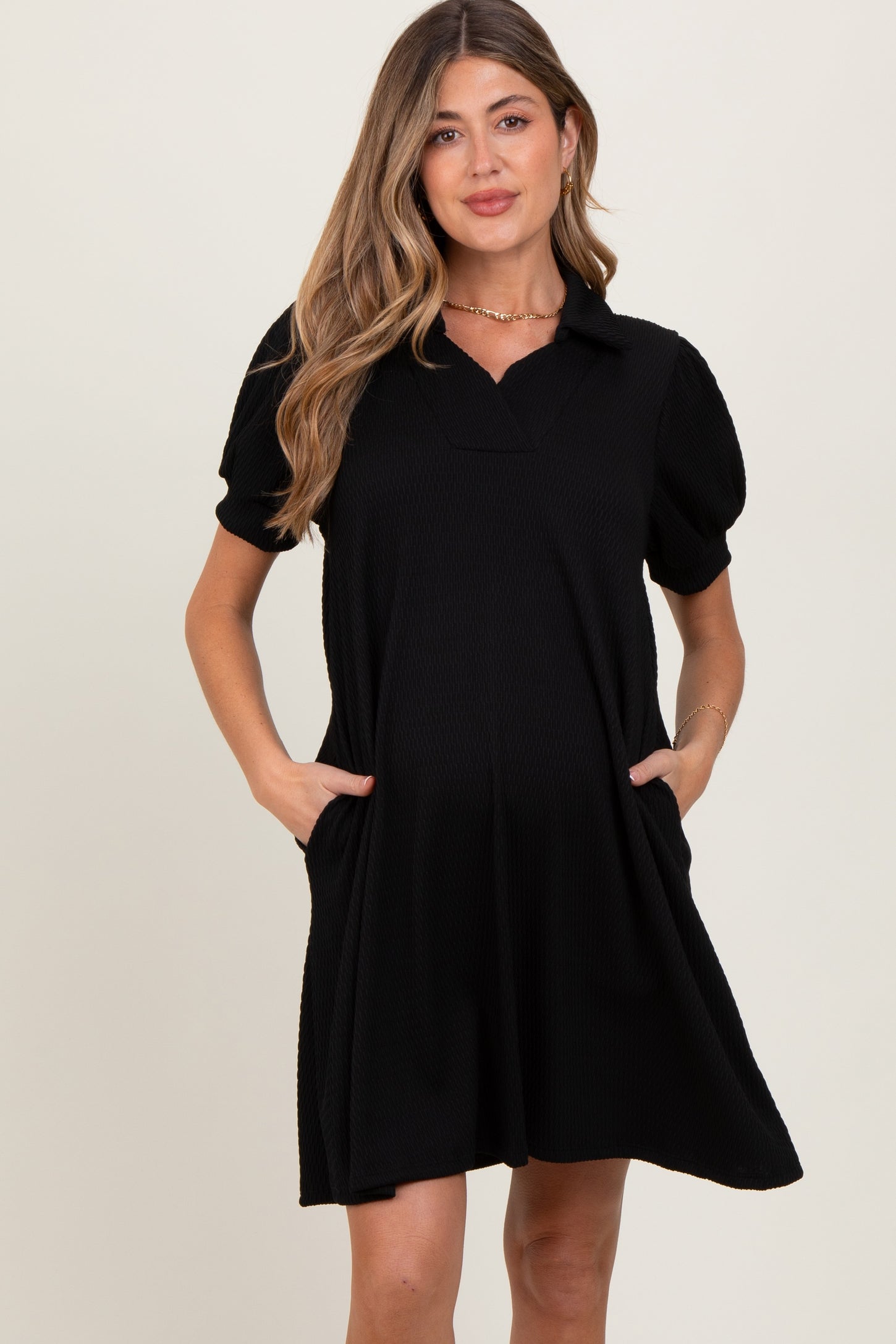 Black Textured Maternity Polo Dress