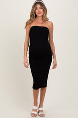 Black Fitted Tube Knit Maternity Midi Dress