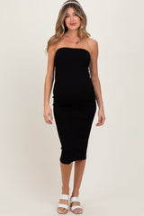 Black Fitted Tube Knit Maternity Midi Dress