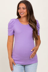 Lavender Ribbed Ruched Short Sleeve Maternity Top